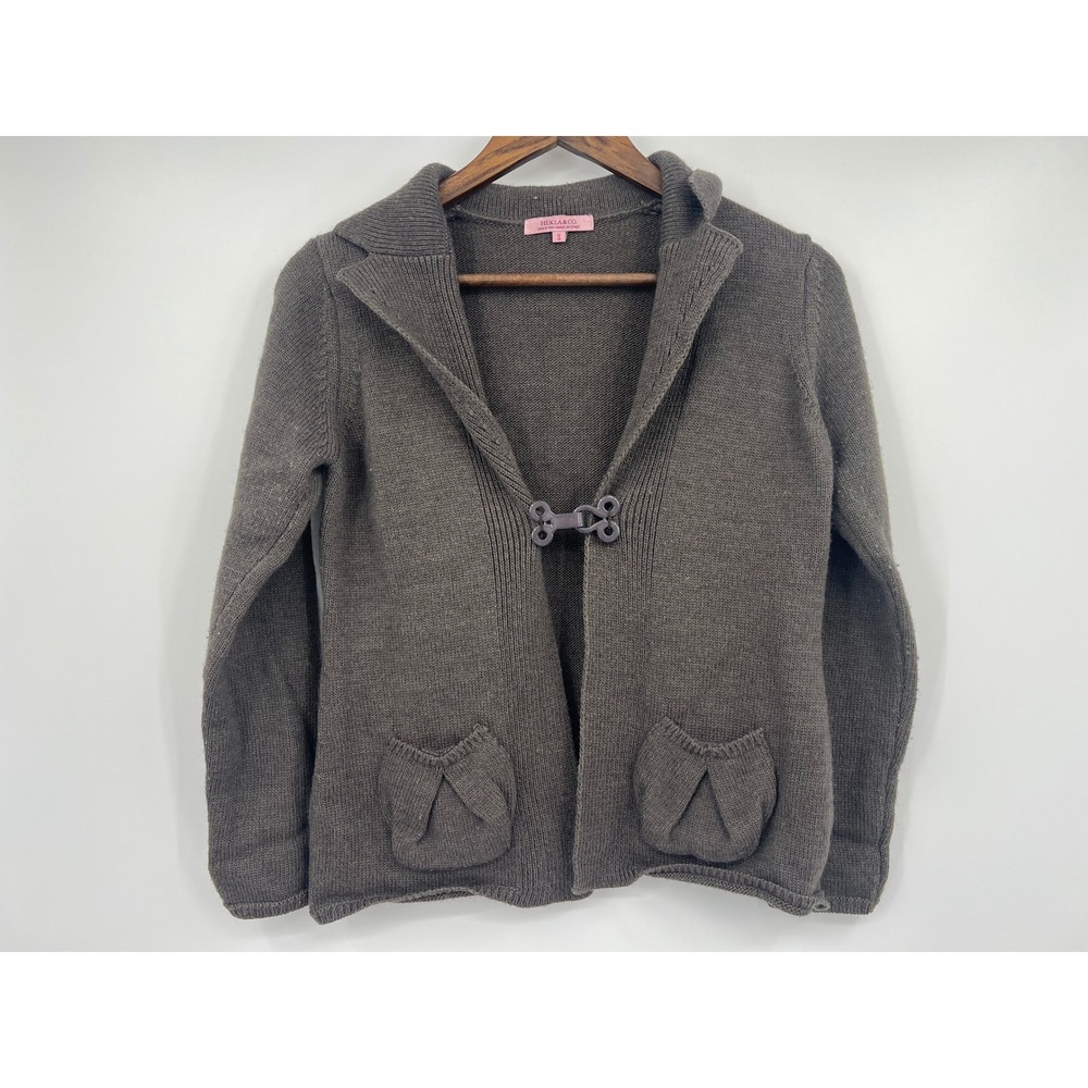 Hekla & Co Italy Wool Blend Clasp Front Cardigan Sweater Brown Taupe Small